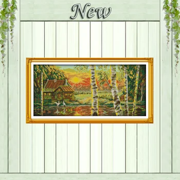 

Golden sunshine forest house lakeside painting counted print on fabric DMC14CT 11CT Cross Stitch Needlework kits Embroidery Sets