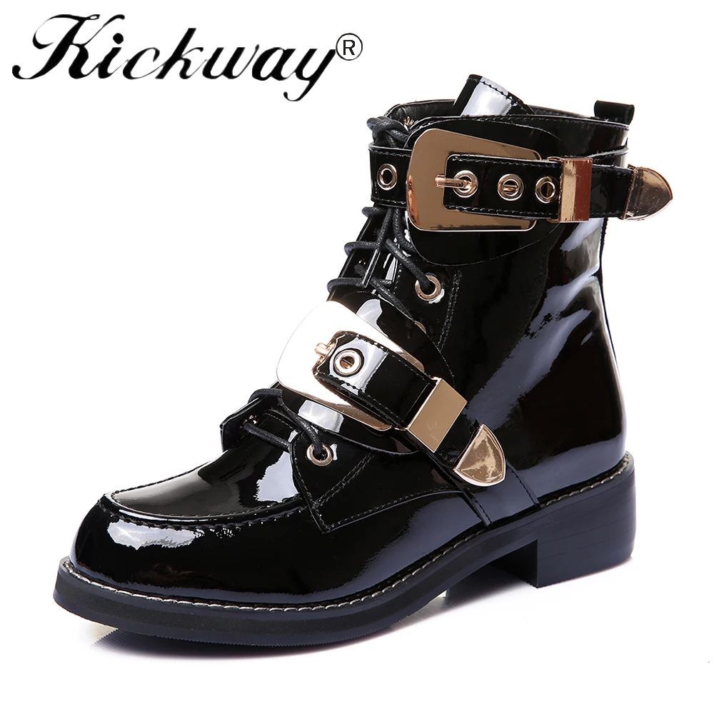 

Kickway 2017 Metal Buckle Motorcycle Boots British Style Women Punk Marten Boots Ankle Boots Fashion Design Locomotive Boots 40