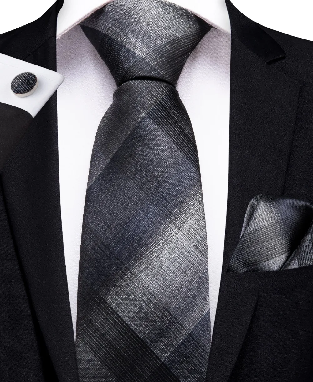 

SJT-7232 DiBanGu Luxury Black White Solid Ties for Men 100% Silk Necktie Hanky Cufflinks Men's Ties Business Wedding Tie Set