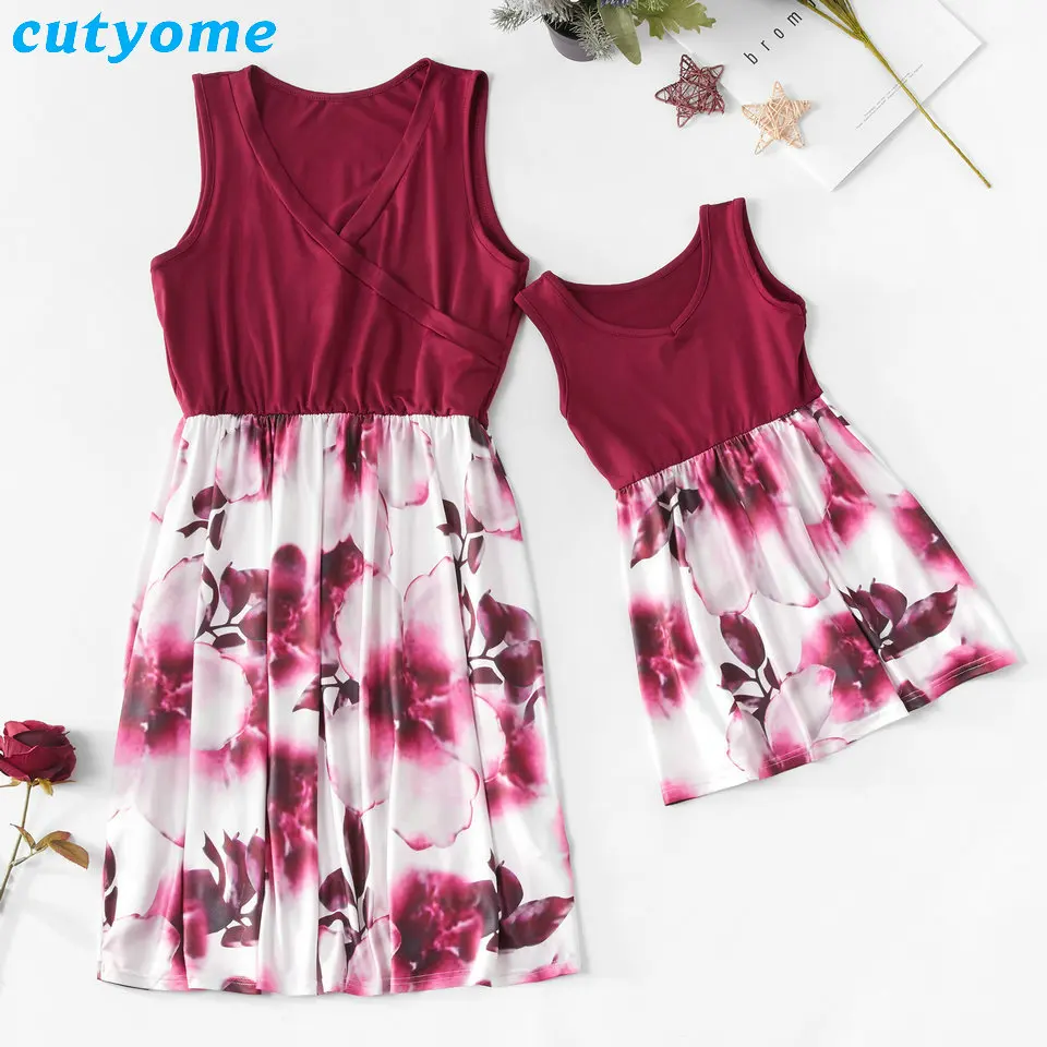 Mom And Daughter Family Sleeveless Patchwork Dress Clothes Matching Mommy And Me Women Kids Girls Floral Mother Dresses Outfits (3)