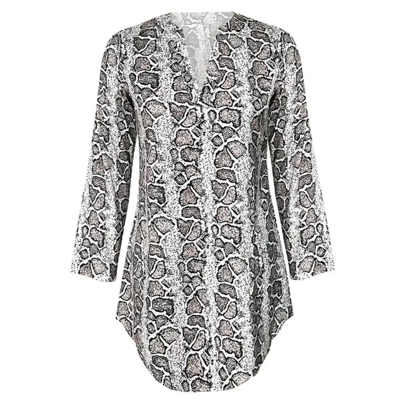 

Women Spring Roll Up Long Sleeve Loose V-Neck Shirt Dress Leopard Snake Skin Printed Asymmetric Blouse Casual Cocktail Clubwear
