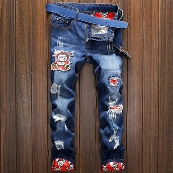 

E23 new arrival men's Summer thin slim type fashion jeans trend Blue Stretch hole feet long pants size28 29 30 31 32 33 34 36 38