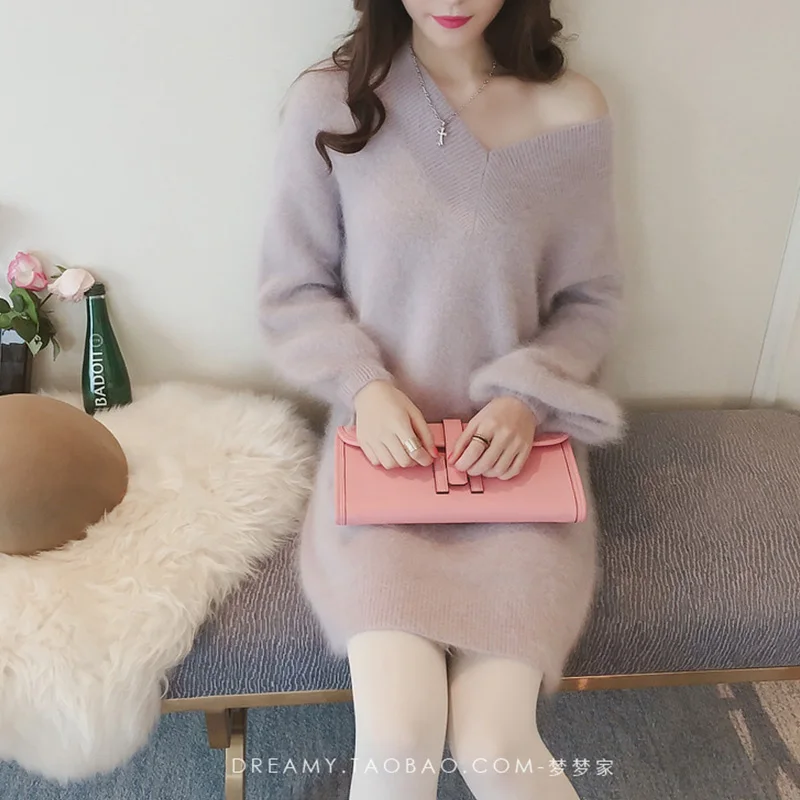 2019 Autumn Winter Women Cashmere Long Sweaters Pullovers V-neck Sweaters Dress Female Elegant Casual Pullovers Warm Fur Sweater