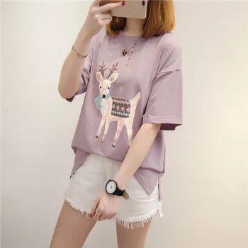 

Short-sleeved T-shirt female summer new loose students wild primer 2020 Korean cartoon printing split open shirt