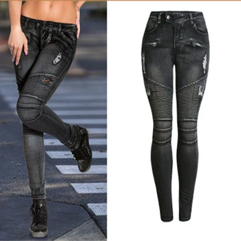 

2019 motorcycle women's jeans hole slim self-cultivation slim women's denim high elastic comfortable pencil pants feet pantsB004