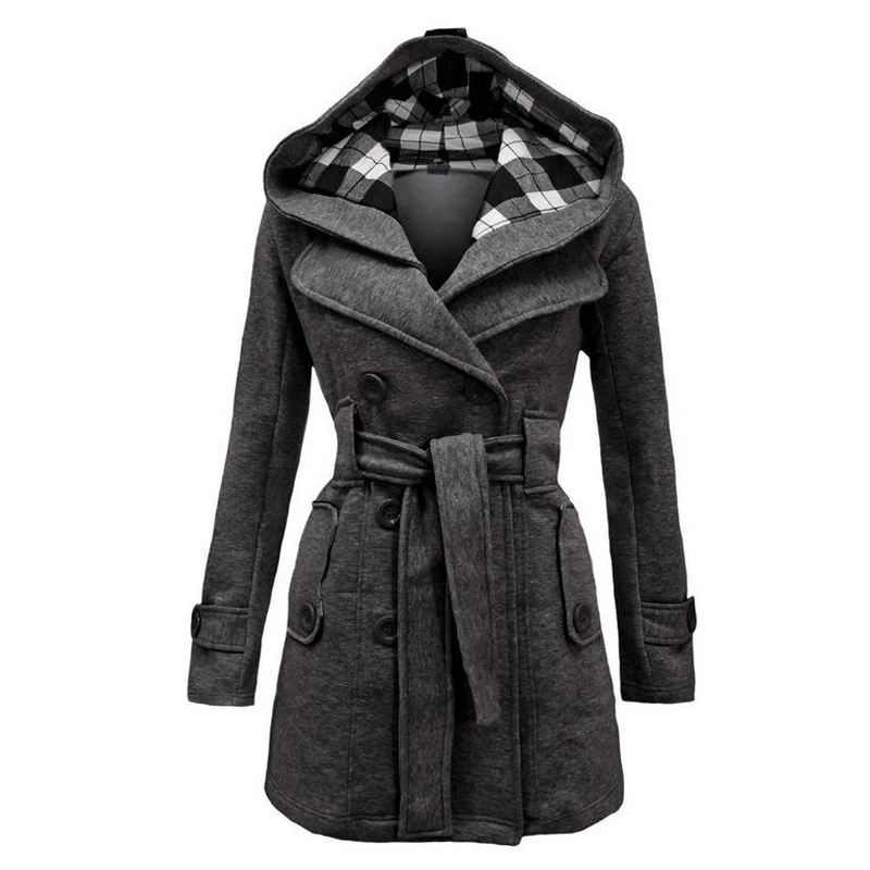 Зимнее двубортное пальто с капюшоном и поясом, плотное пальто с карманами, женское повседневное пальто, верхняя одежда, длинная куртка с клетчатой шляпой