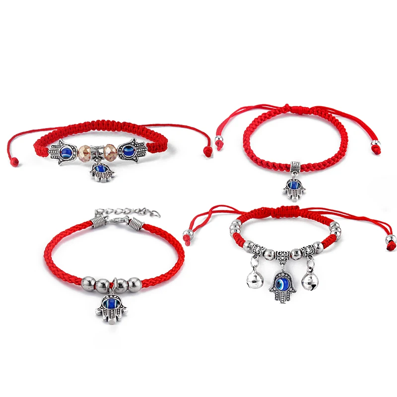 

1pcs Kabbalah Palm Hamsa Resin Blue Turkish Eye Red Braided Cotton Cord Amulet Bracelets Bangle Adjustable Jewelry
