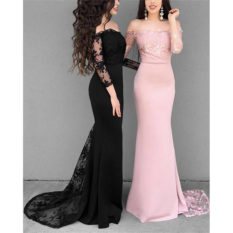 2019 Prom Dresses Off Shoulder Mermaid Evening Gowns Long Sleeves-