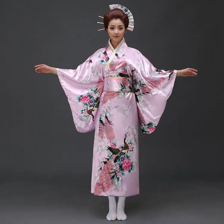 Pink Traditional Japanese Women's Satin Kimono Bath Gown Yukata With ...