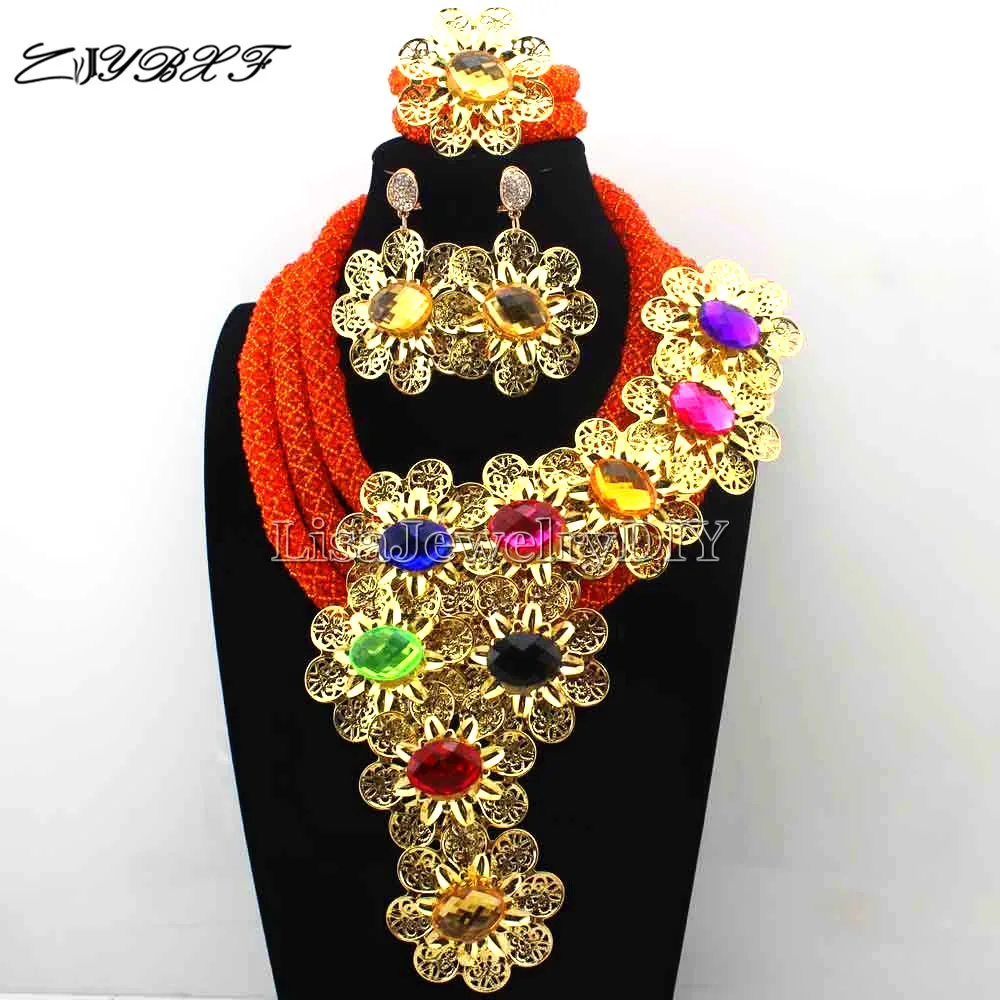 

Nigerian Orange Crystal Statement Necklace Set Wedding African Multicolour Flower Jewelry Set for Women Free Shipping L1007