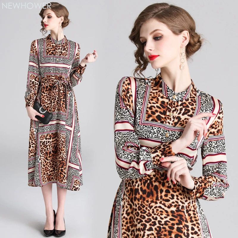 

New fashionable European high-end leopard print long-sleeved dress with long sleeves tied to show thin and famous quality lady