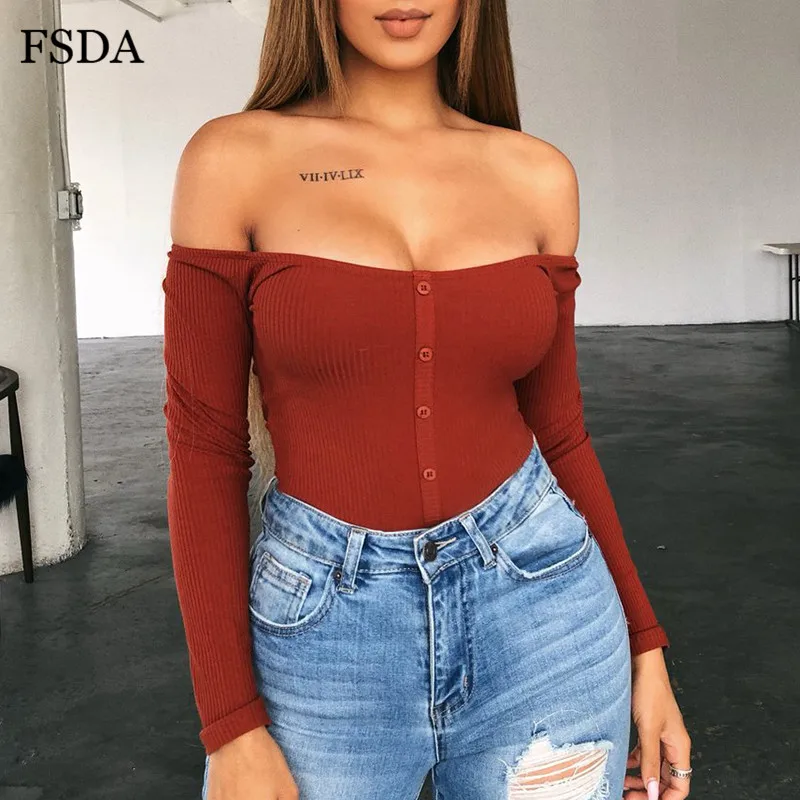 

FSDA Off Shoulder Backless Bodysuit Women Long Sleeve Slash Neck Skinny Button Streetwear Casual Sexy Strapless Spring Jumpsuit