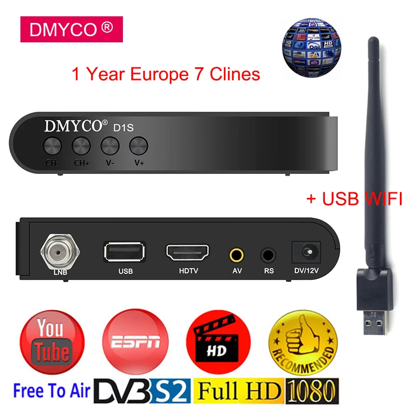 

DMYCO DVB-S2 Satellite Receiver +1 Year Europe Spain 7 clines Full HD 1080P Spain LNB TV Tuner Receptor Support Powervu Biss key