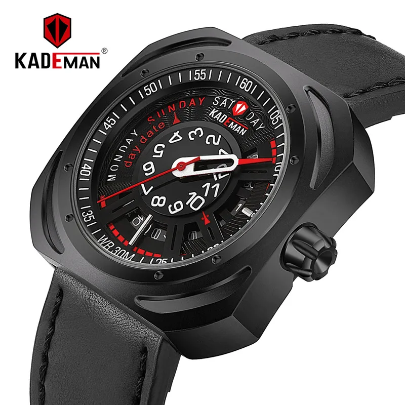 

KADEMAN Luxury Brand Men's Quartz Watch Square Week Date Display Wristwatches Leather Strap Waterproof Relogio Masculino 663