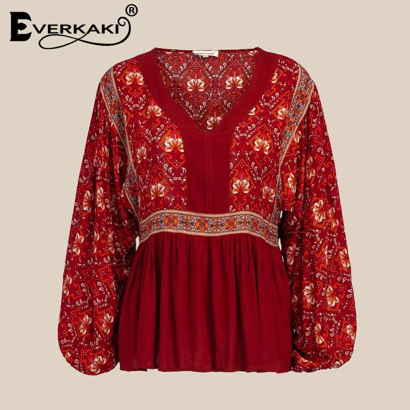 Everkaki Red Boho Blouse Shirt Peplum Top Long Sleeve Floral Print Cotton V Neck 2018 Bohemian Blouses Women Tops And Blouses