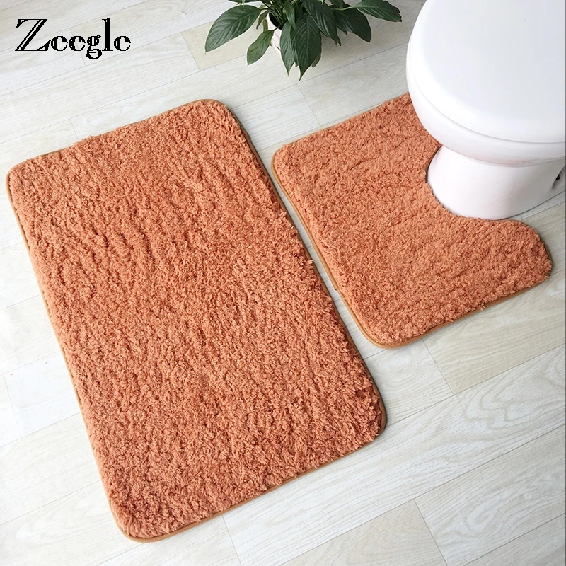 

Zeegle 2Pcs Bath Mat Solid Bathroom Carpet U-shape Mat Non-slip Bathroom Floor Mats Shower Rug Absorbent Bathroom Rug Toilet Mat