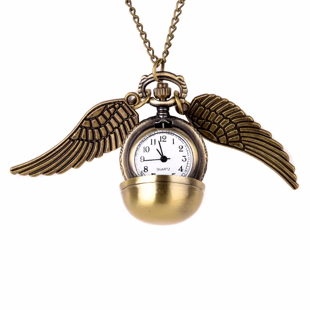 

Retro Elegant Golden Snitch Quartz Fob Pocket Watch With Sweater Necklace Chain Wings Pendant Necklace Clock Birthday Gift