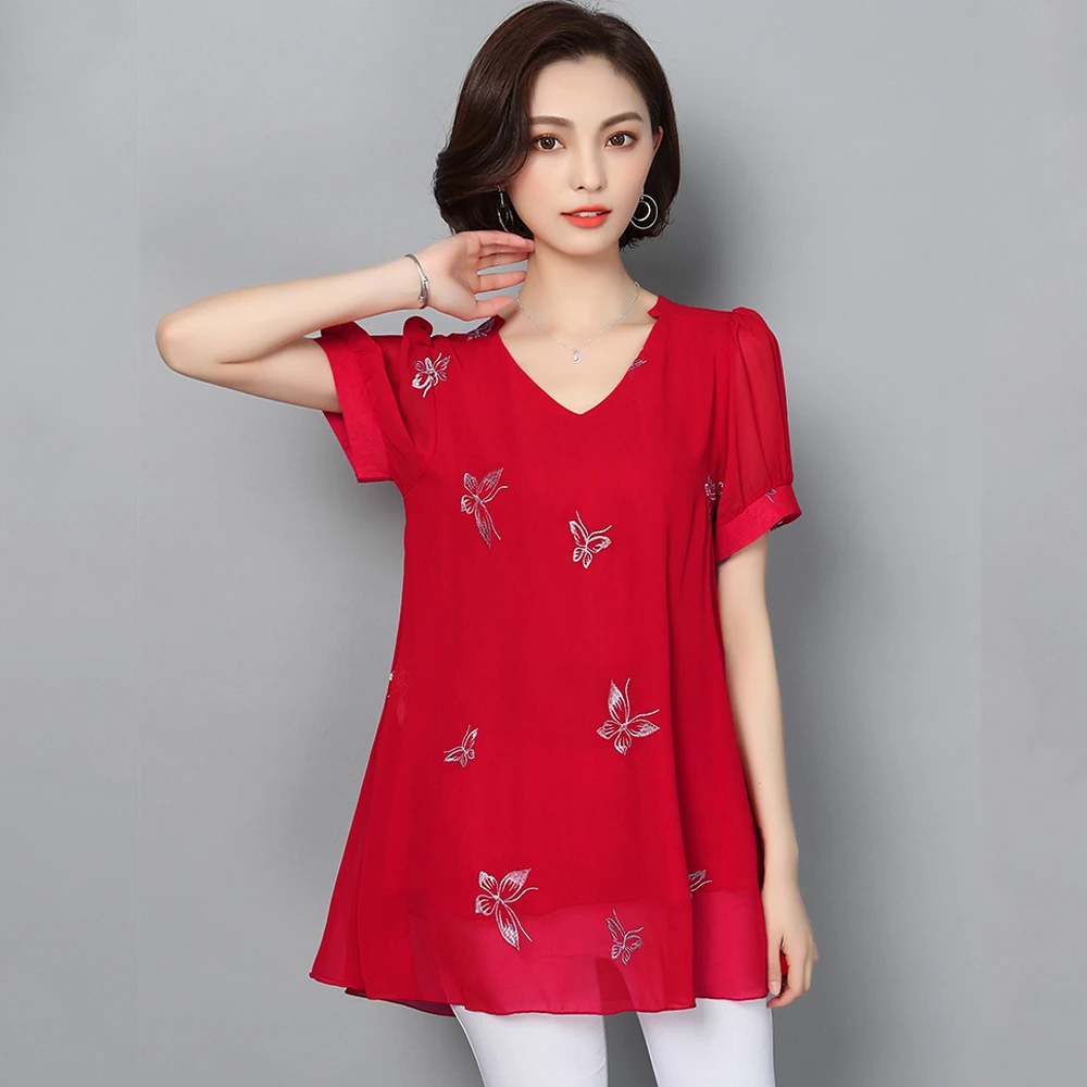 Spring and summer new style Women's large size L-6XL short sleeve blouses Butterfly embroidery temperament chiffon top