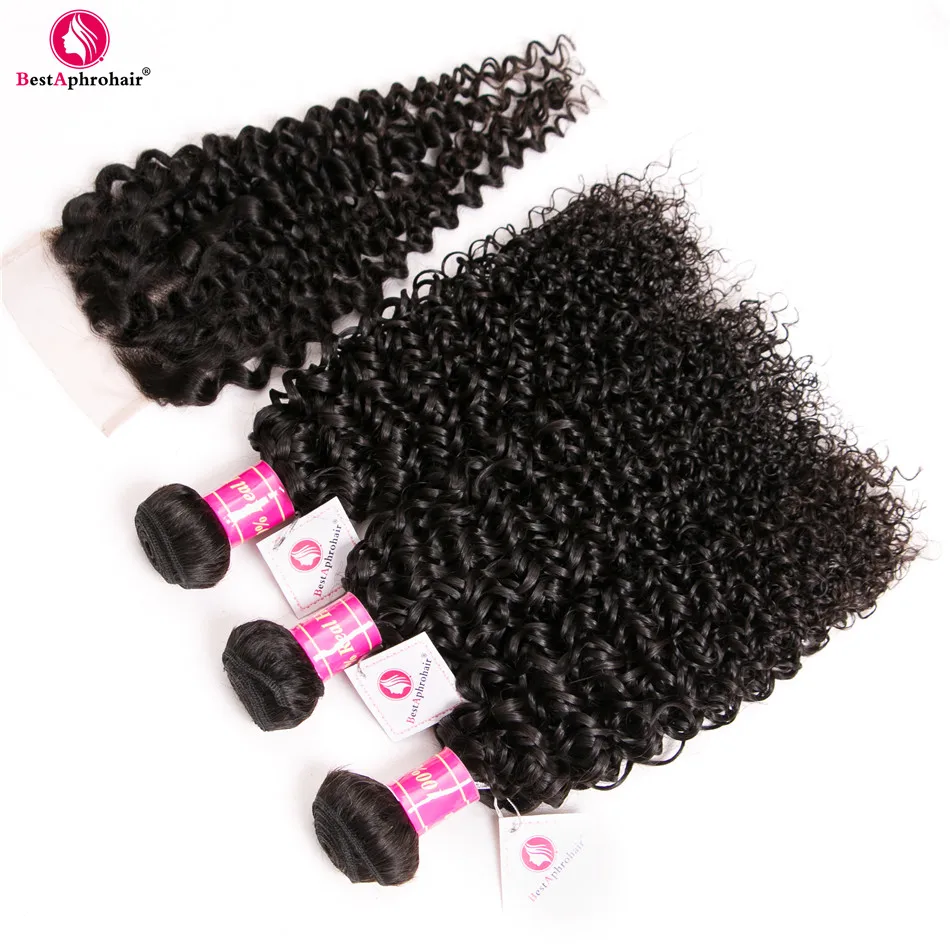 Aphro Kinky Curly Human Hair Bundles With Closure Non Remy Extension Brazilian Hair Weave Bundles With Lace Closure Free Part