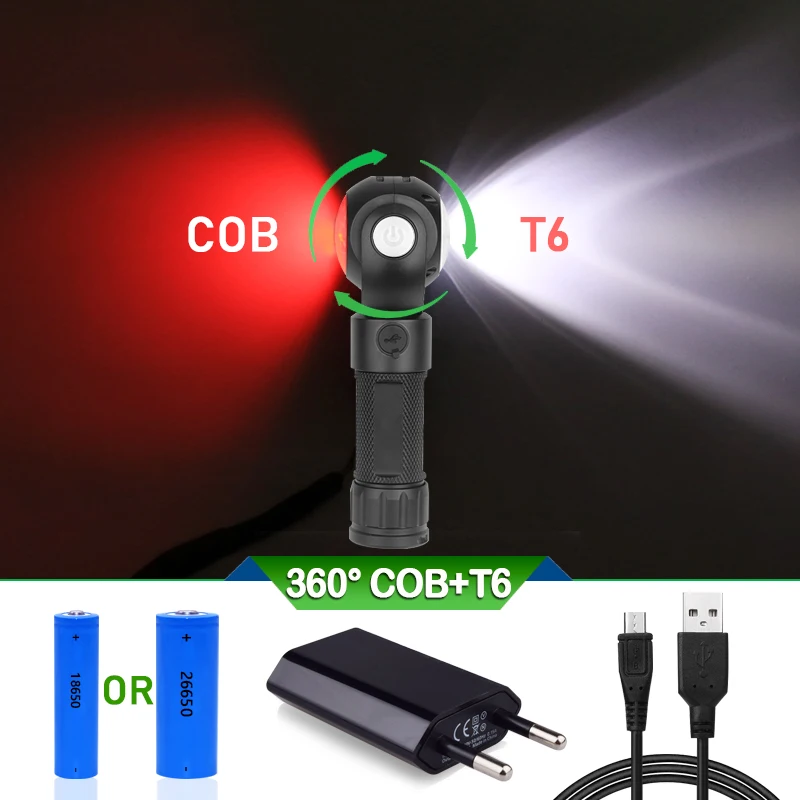 360 градусов вращения COB светильник t6 светодиодный фонарь вспышка Гибкий ручной