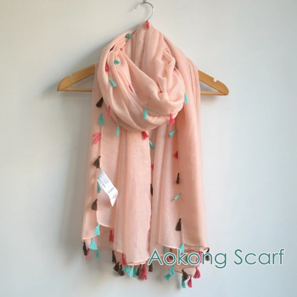 

4 side tassel women scarf viscose plain solid color scarf