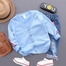 Весна Высокое качество Однобортный фирменная детская одежда для мальчиков детские синие хлопок кардиган Свитер в полоску топы