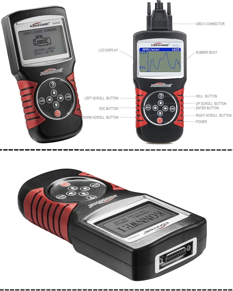 KONNWEI KW820 Автомобильный сканер EOBD OBD2 OBDII диагностический инструмент живой код считыватель и сканирующие инструменты, совместимые с США, европейскими и азиатскими транспортными средствами