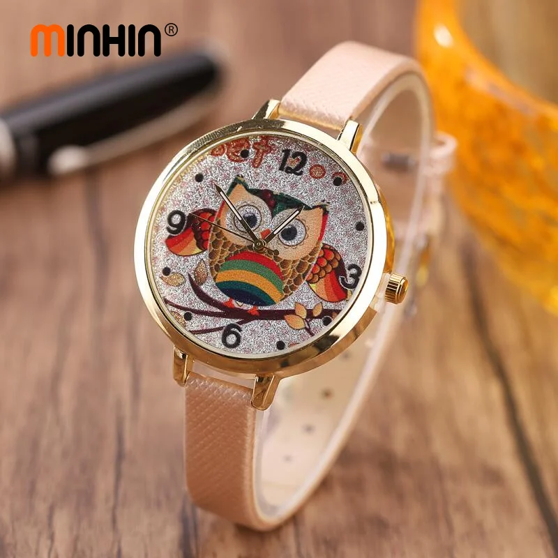 

MINHIN Cartoon Owl Design Women Quartz Watch Multi Colors Leather Strap Children's Gift Watch Exquisite Montre Femme Watches