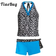TiaoBug/детский купальный костюм из двух предметов с геометрическим узором и бретелькой на шее для девочек, комплект из двух предметов, танкини, купальный костюм, пляжный комплект бикини