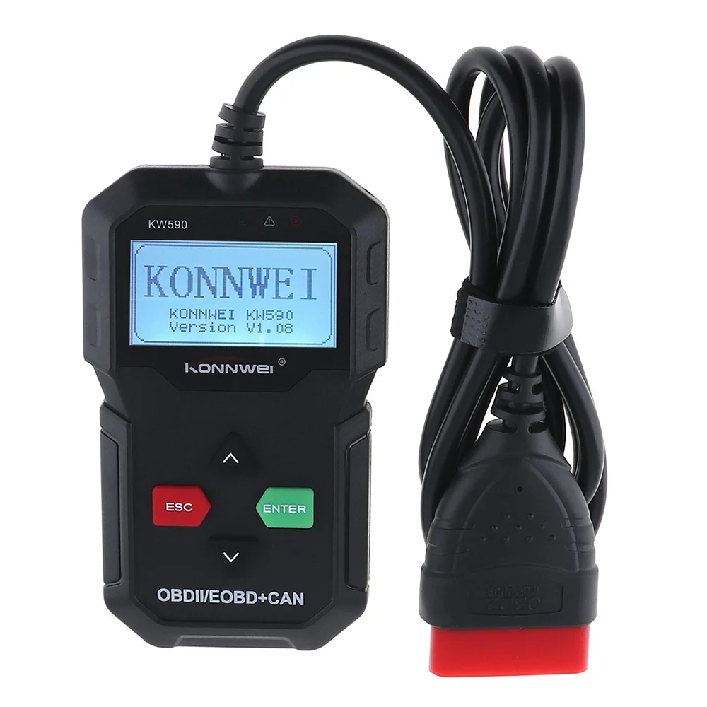 Konnwei KW590 12V OBDII Многоязычная Автоматическая диагностика неисправностей Обнаружение Instrumen с черной тканевой сумкой для 12V бензинового автомобиля