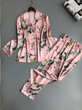 

QWEEK Women Pajamas Satin Sleepwear Pijama Home Wear Silk Pyjama Home Suit Flower Print Sweet Cute Home Clothing Sleep Lounge