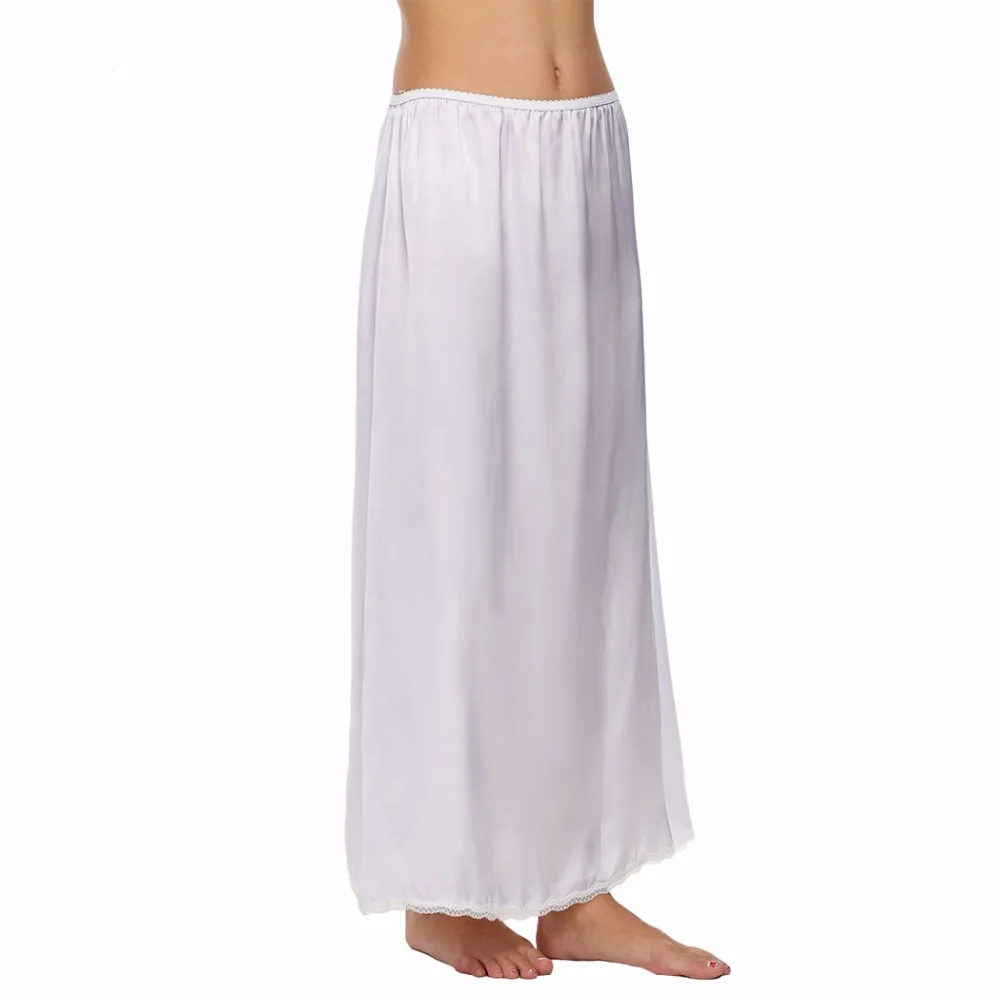 Satin Underskirt Women Lace Trim Long Half Slips Female Loose Elastic Waist Underdress Skirt Nightwear Lingerie White Black L2