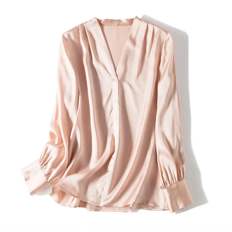 

Silk blouse Women 100% Real silk Long sleeved Office lady blouse shirt V neck 2019 Female shirt