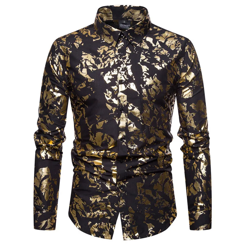 

Luxury Gold Foil Print Shirt Men 2018 Brand New Casual Mens Dress Shirts Wedding Tuxedo Shirt Male Stage Singer Wear Shirt Tops
