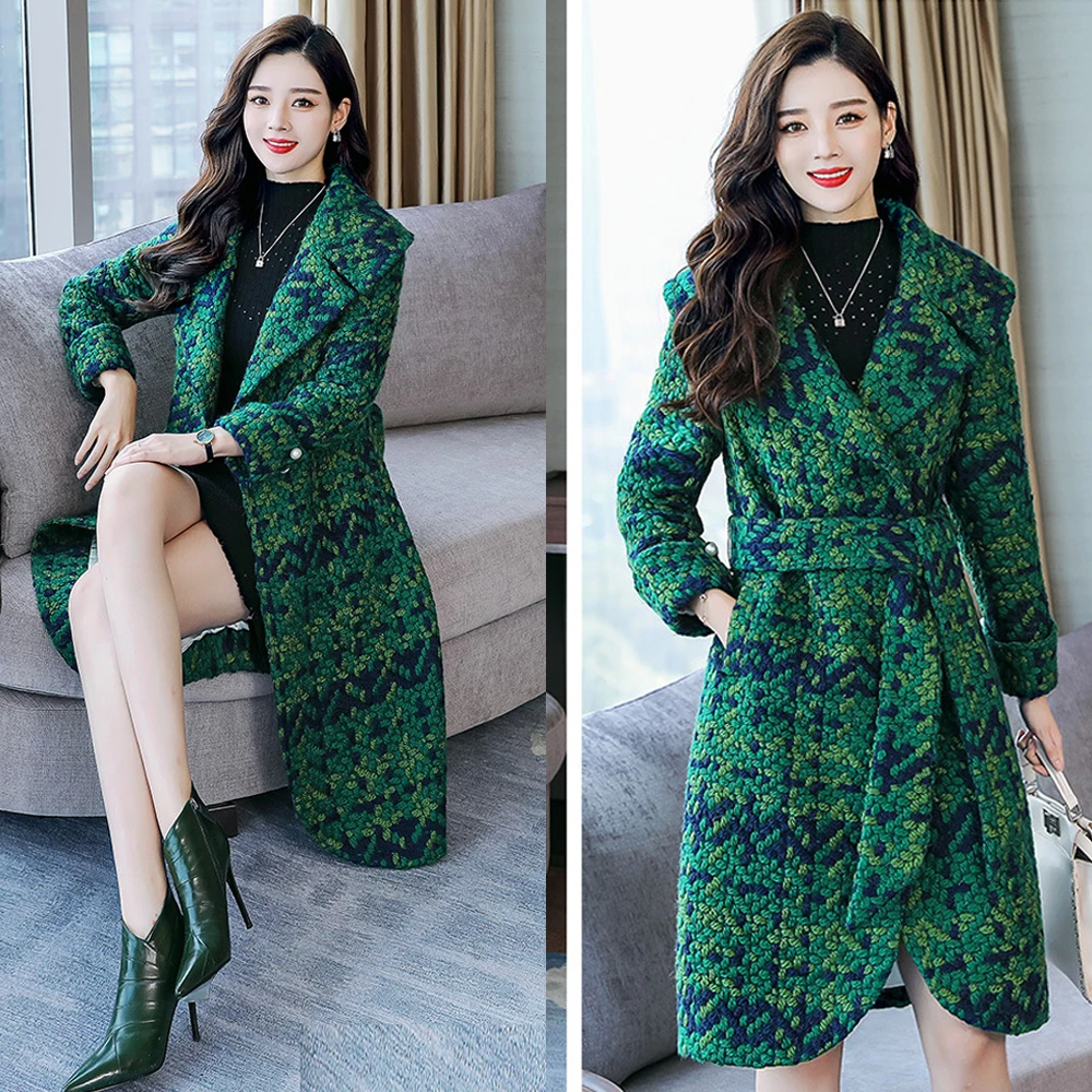LXUNYI 4XL Autumn Plaid Women Wool Coat Female Jacket Long Autumn 2018 Belt Red Green Ladies Overcoat Outwear Coats Plus Size