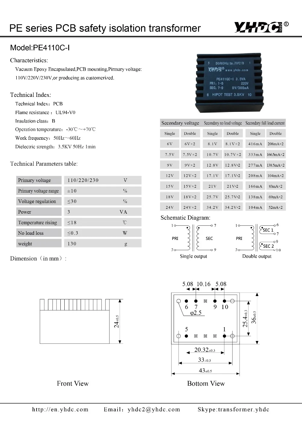 YHDC PE4113-M мощность 4VA 230 V/12 V герметизированный трансформатор для PCB монтируемый изоляционный трансформатор