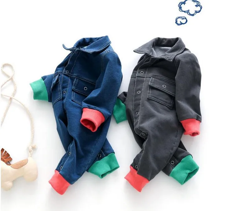 Croal Cherie 66-90cm Patchwork Pringting New Born Baby Clothes Denim Baby Girls Romper Jumpsuit Cotton Kids Boys Clothes  (2)