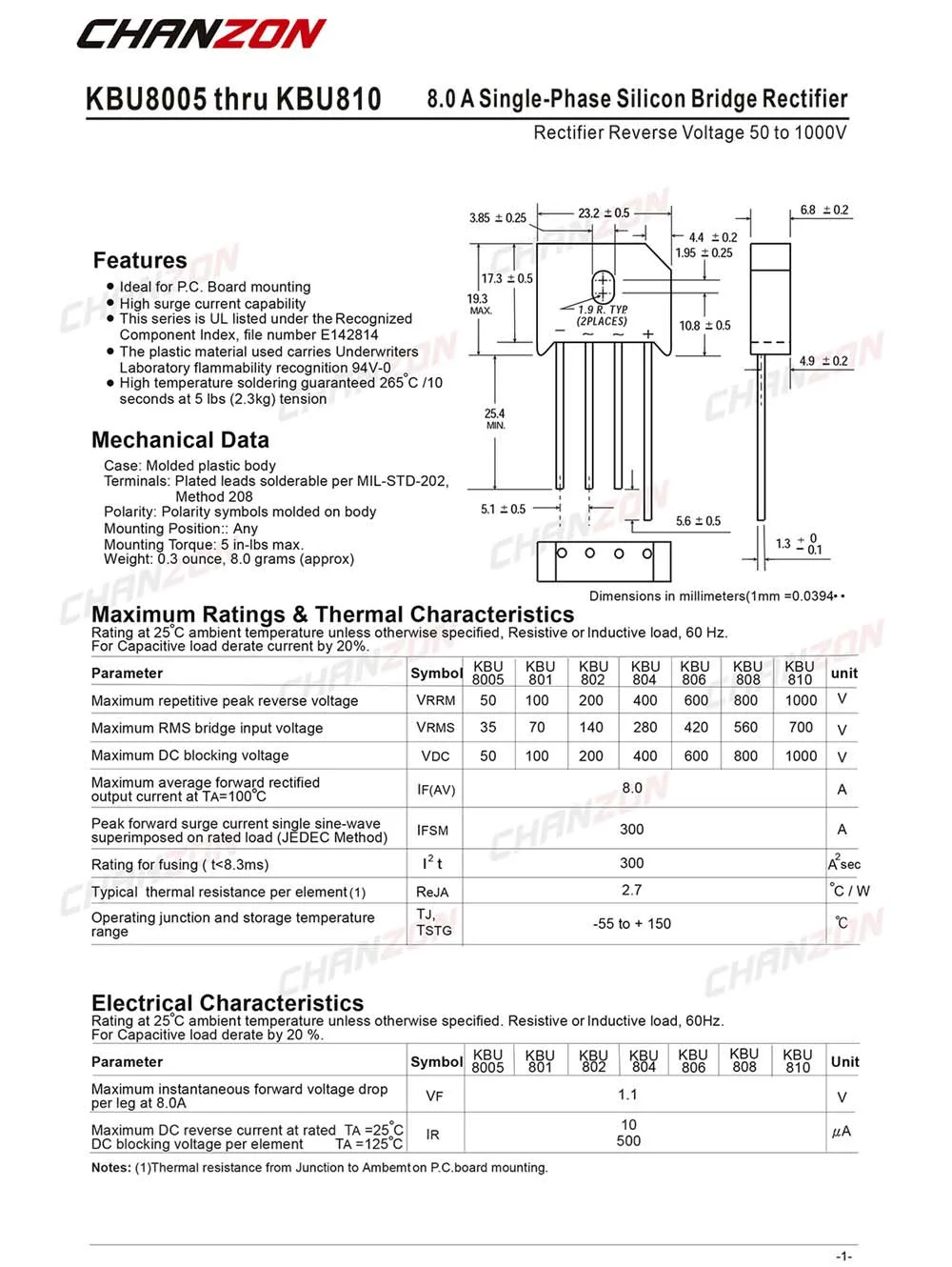 10 шт. KBU810 мост выпрямительный диод 8A 1000 V KBU-4(SIP-4) однофазный полная волна 8 Ампер 1000 Вольт кбу 810 кремния