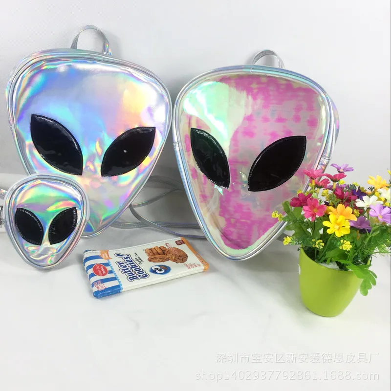  Laser Transparent Backpack Boys 3D Alien ET Head Face Designed Unisex Backpack Fashion Triangle Lei - 32850491929