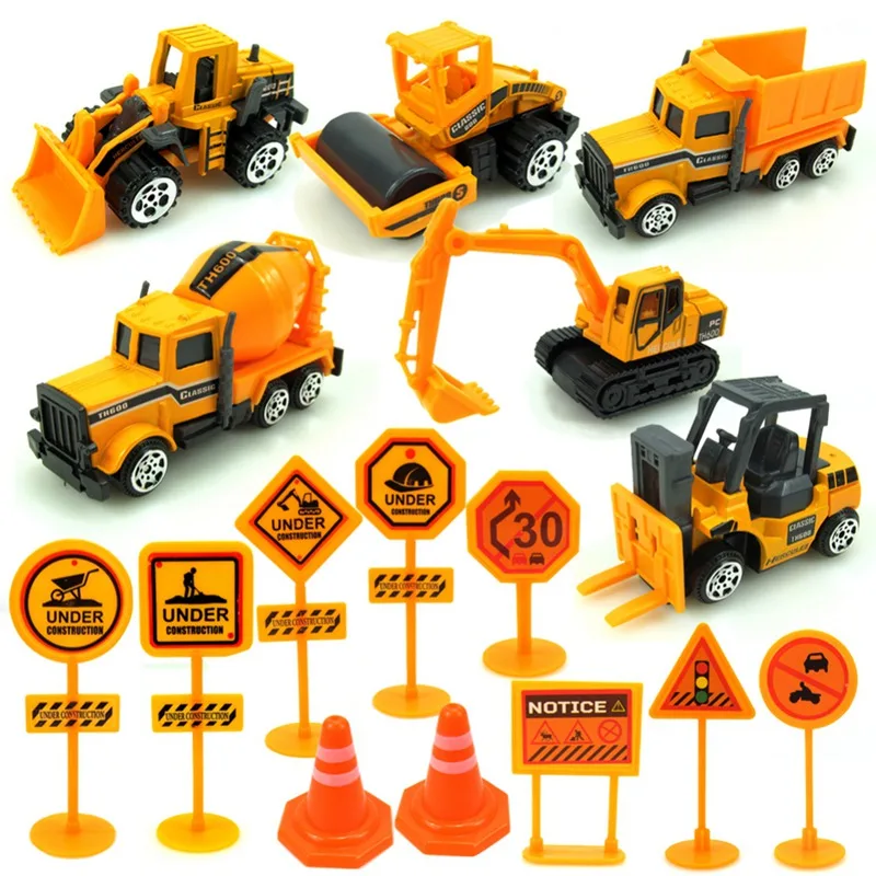 16 Pcs Alloy Diecast Car Construction Vehicle Engineering Car Excavator Dump Roller Truck Model Toys Lot for Children Adult#25A - Цвет: Сиренево-синего цвета