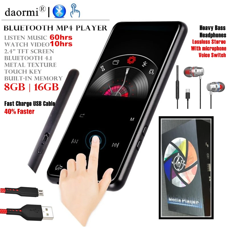Беспроводной MP3 плеер 2 4 дюйма Bluetooth 1 Hi Fi HD MP4 без потерь стерео бас микрофон кабель