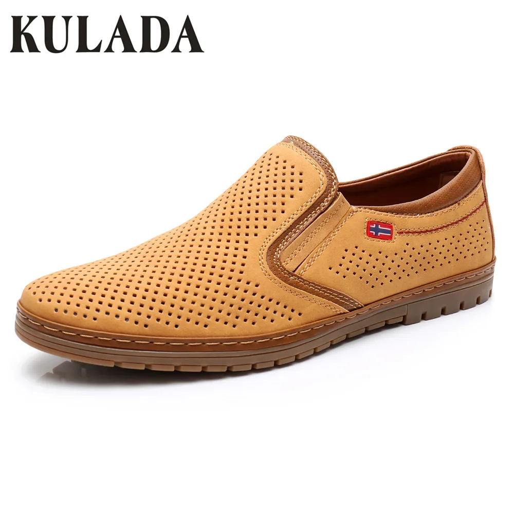 

KULADA Summer Fashion Men Moccasins Shoes Men Leather Business Sandal Shoes Breathable Low Help Sandals Men Walking Shoes 720-3E