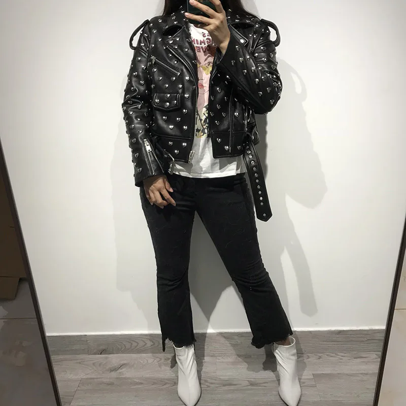 

ladies rivet real sheep leather jacket women genuine leather jacket
