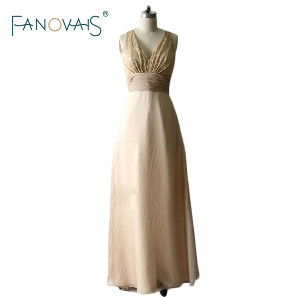 Hot&Sale Gold Bridesmaid Dresses 2015 Sleeveless V Neck Backless Long