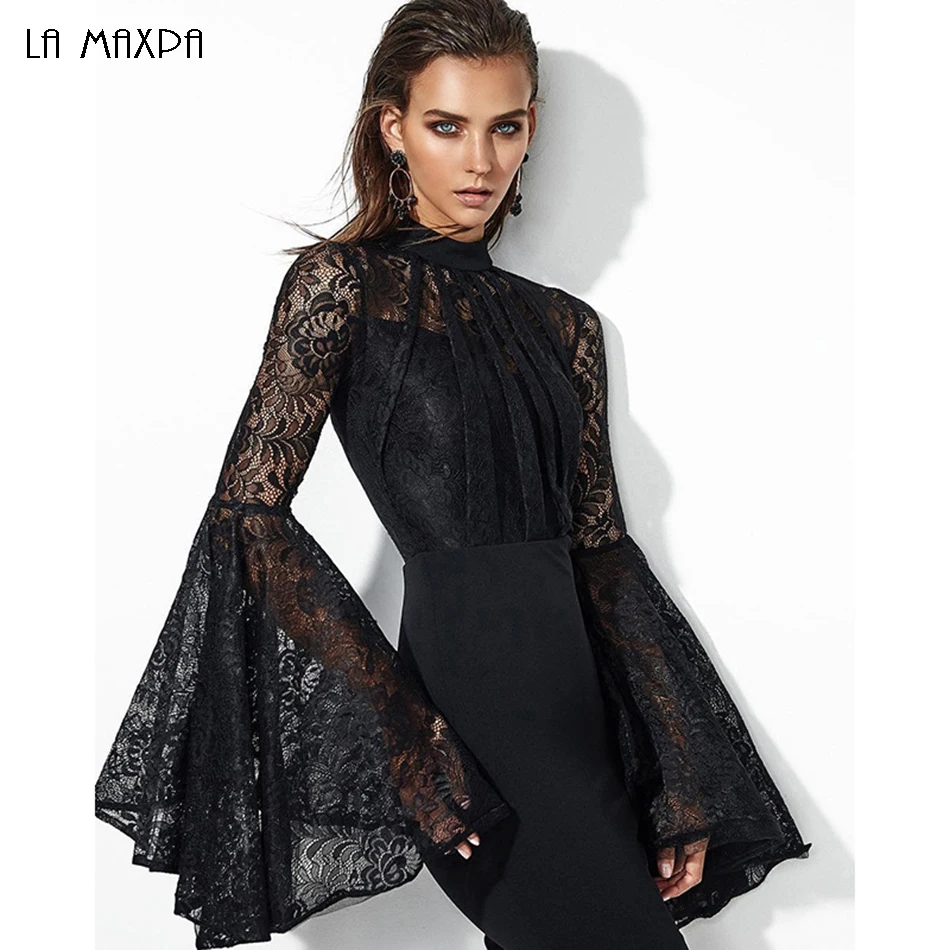 2018 Winter Elegant Flare Sleeve Black Lace Bandage Dress Women