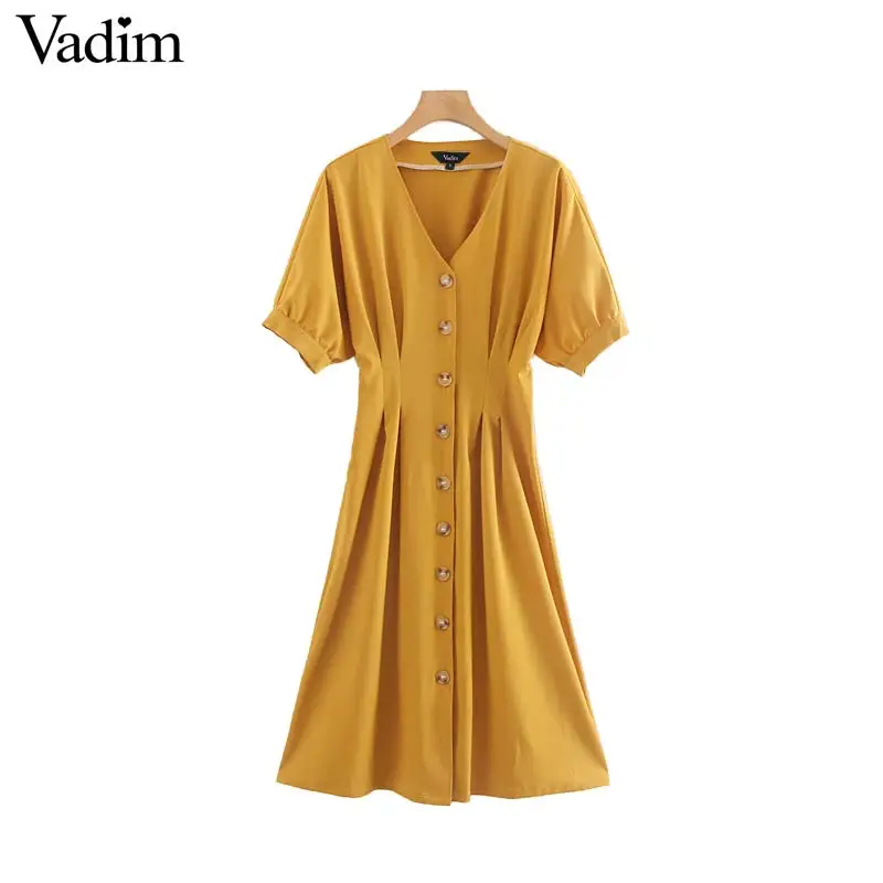 

Vadim women stylish yellow midi dress V neck half sleeve high waist pleated female office wear knee length dresses vestido QC514