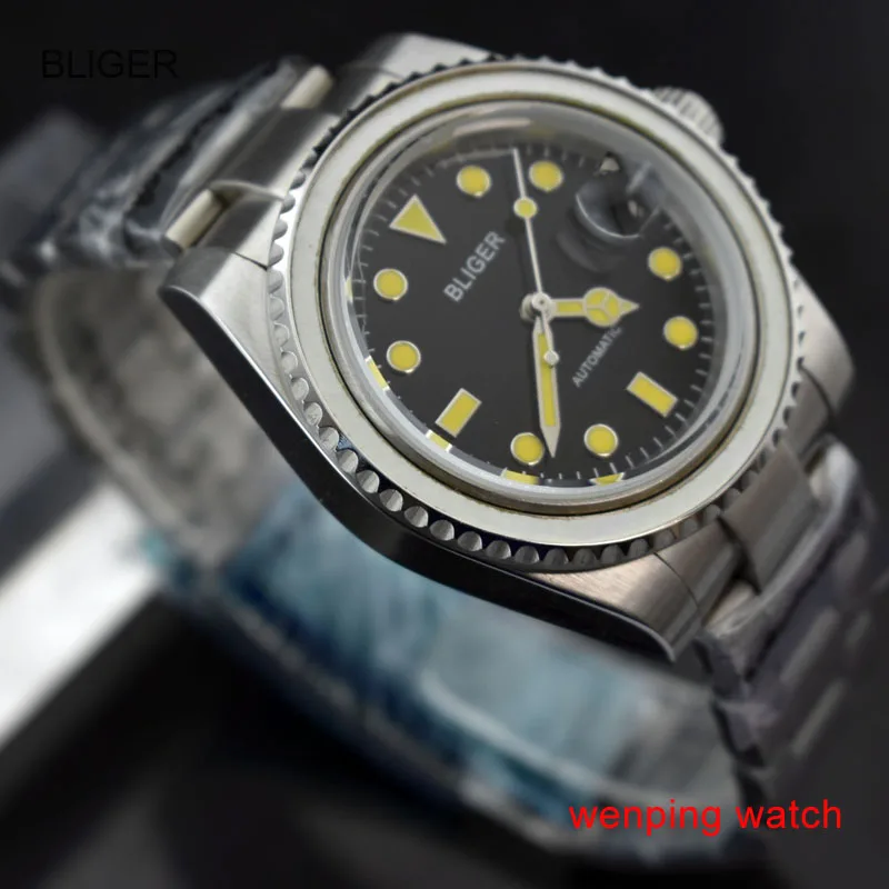 E2428 Bliger 40 мм сапфировое стекло стальной корпус черный циферблат Luminou hands мужские часы с автоматическим подзаводом