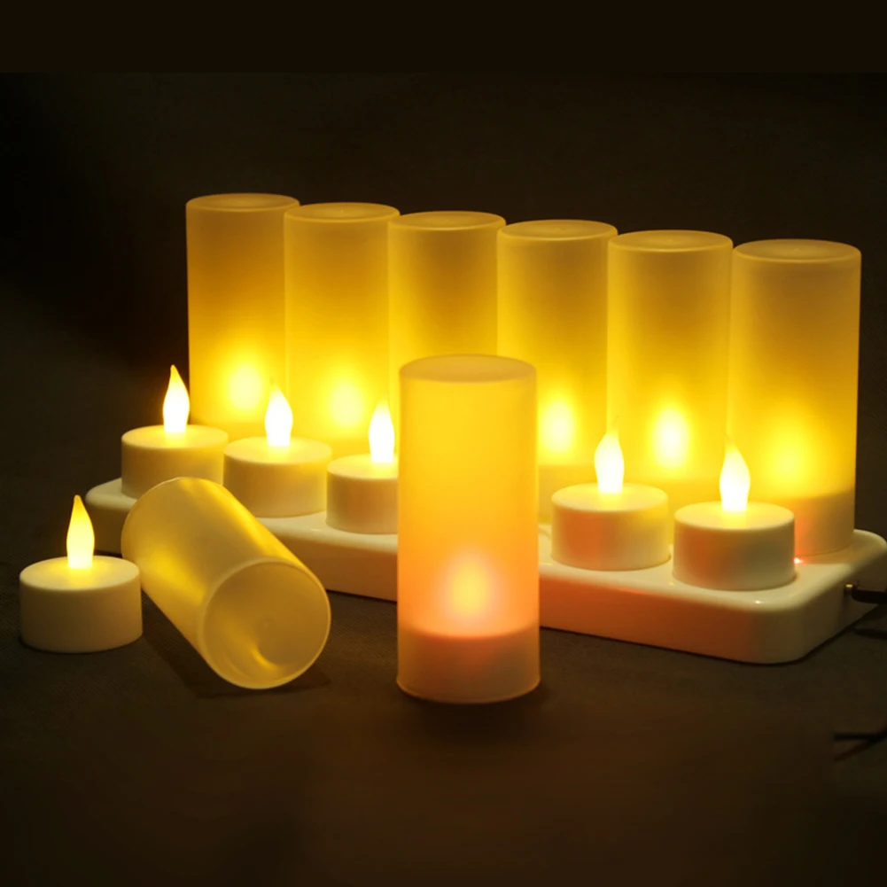 

12 Bases Electronic Rechargeable Tealight Simulation Candle Decorative Flickering Home Flameless Wedding Led