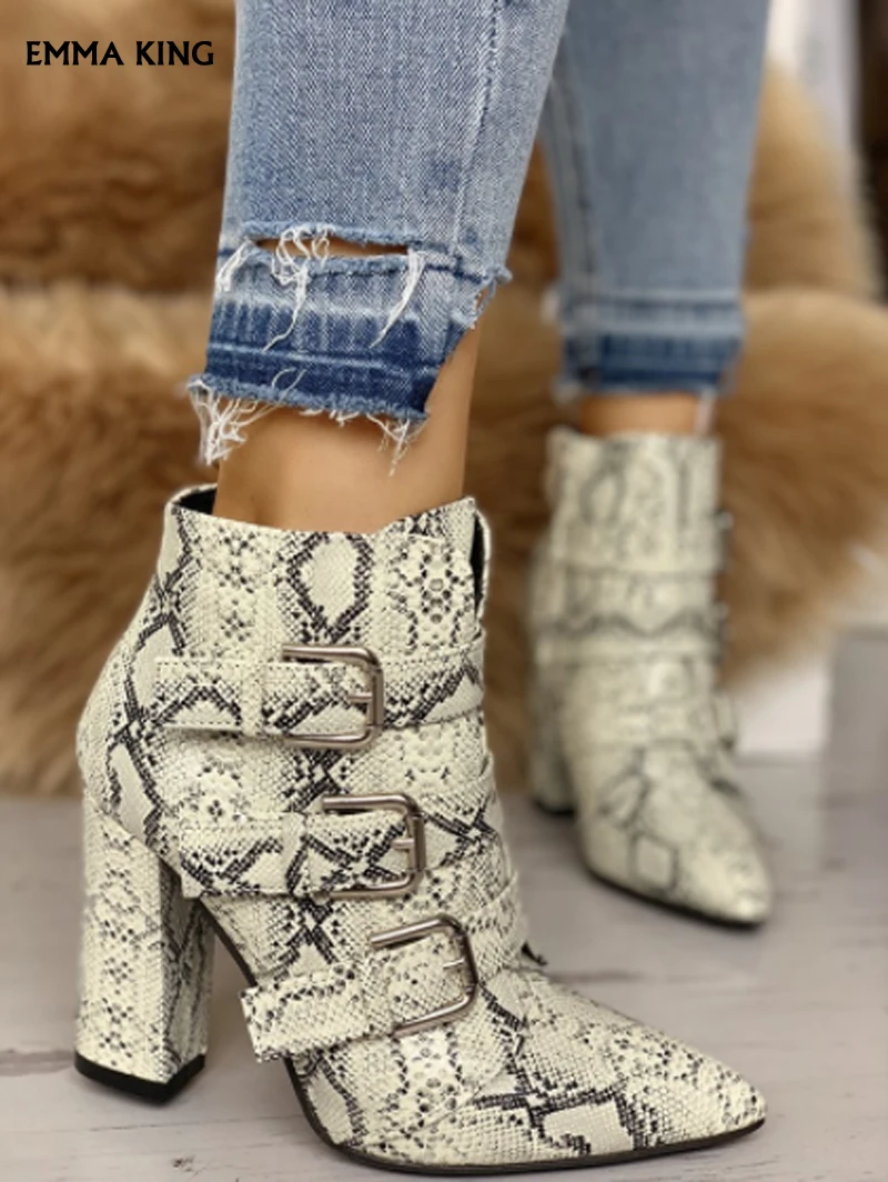 

2019 New Snakeskin Buckle Pointed Toe Ankle Boots Women Chunky Heels High Heel 10cm Booties Pretty Heeled Plus Size Botas Mujer