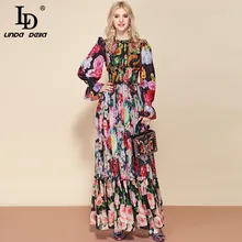 LD LINDA DELLA Fashion Runway Summer Maxi abito manica lunga vita elastica da donna stampa floreale elegante abito lungo da festa
